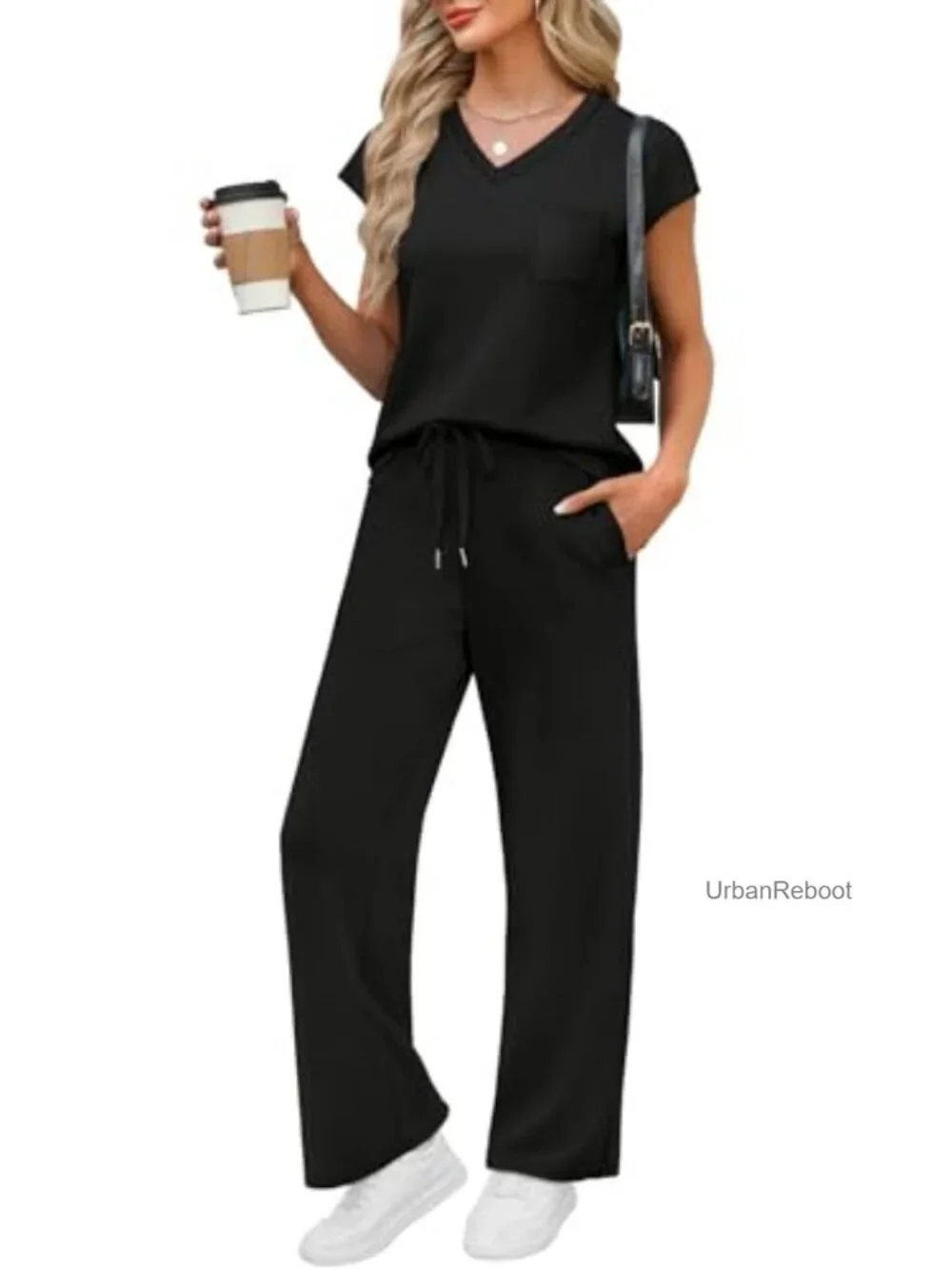 2 Piece Lounge Set for Women Cap Sleeve V-Neck Top Wide Leg Pants Vacation